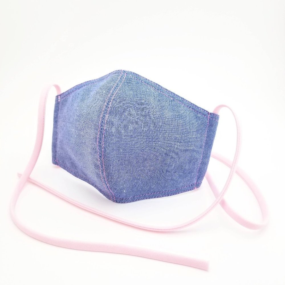 Denim Face Mask with Pink Ties